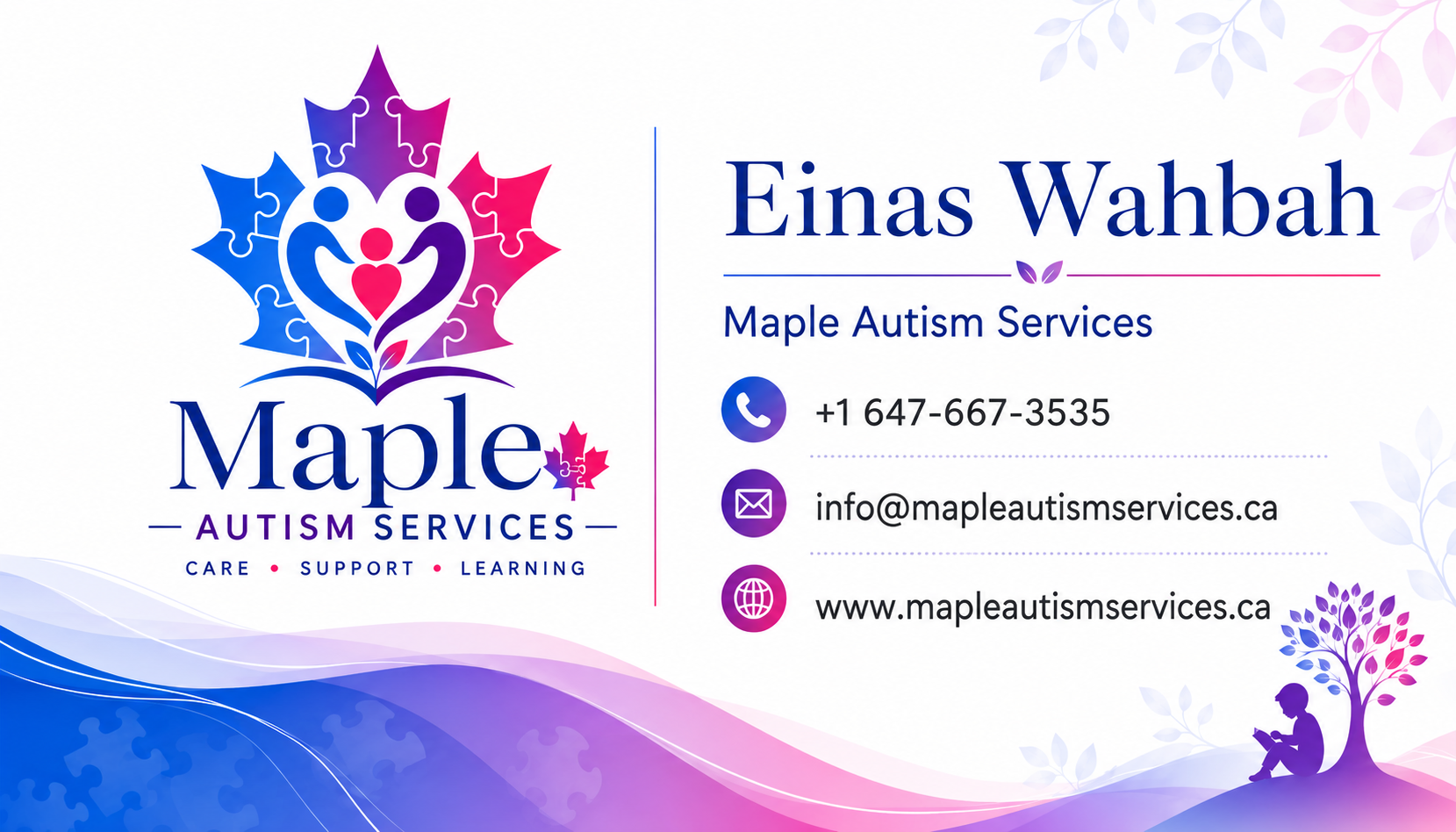 Einas Wahbah, Maple Autism Services. Phone +1 647-667-3535, info@mapleautismservices.ca